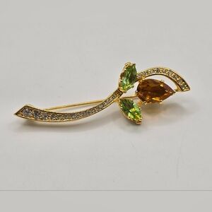 Nolan Miller Flower Bud Brooch Rhinestones Gold Plate Boutonniere